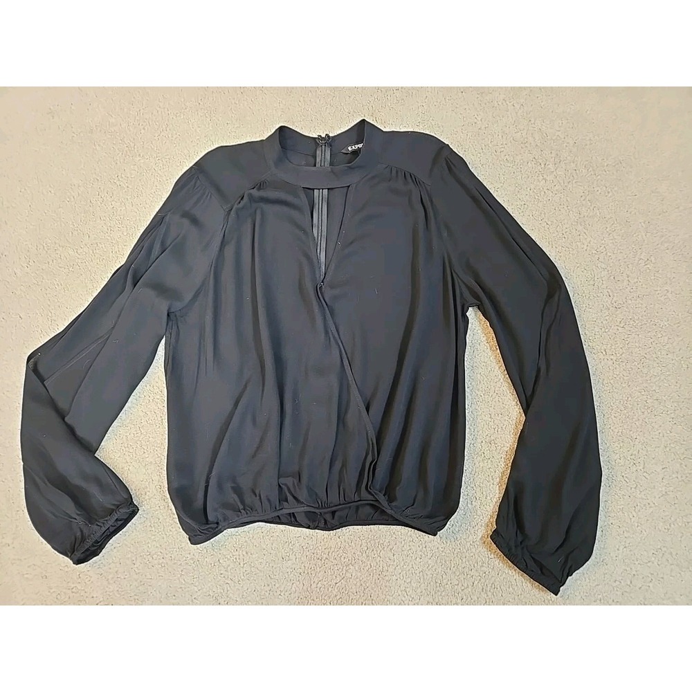 Express Blouse Womens Medium Black Long Split Sleeve Wrap Peekaboo Shirt Top